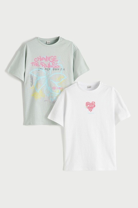 LC WAIKIKI, Set de tricouri de bumbac cu imprimeu - 2 piese, Verde pal, Alb optic, Roz, 158-164 CM