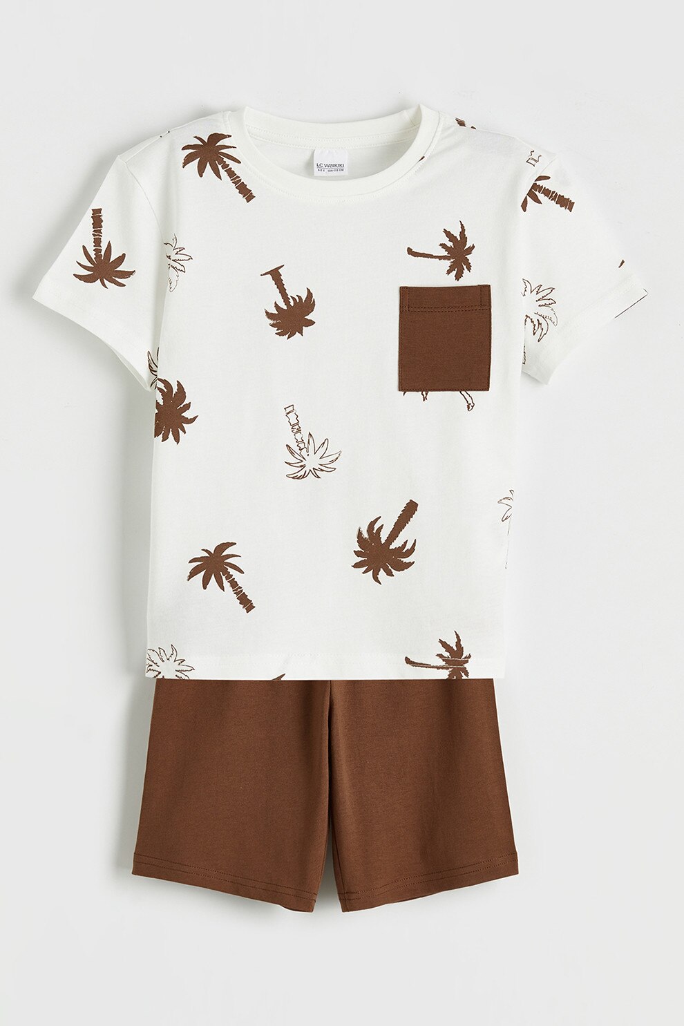 LC WAIKIKI, Pijama scurta in doua nuante cu model tropical, Maro, Alb murdar, 104-110 CM