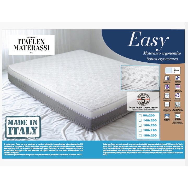 Saltea superortopedica ITALFLEX Easy, arcuri+spuma memorie, husa detasabila, 180x200cm