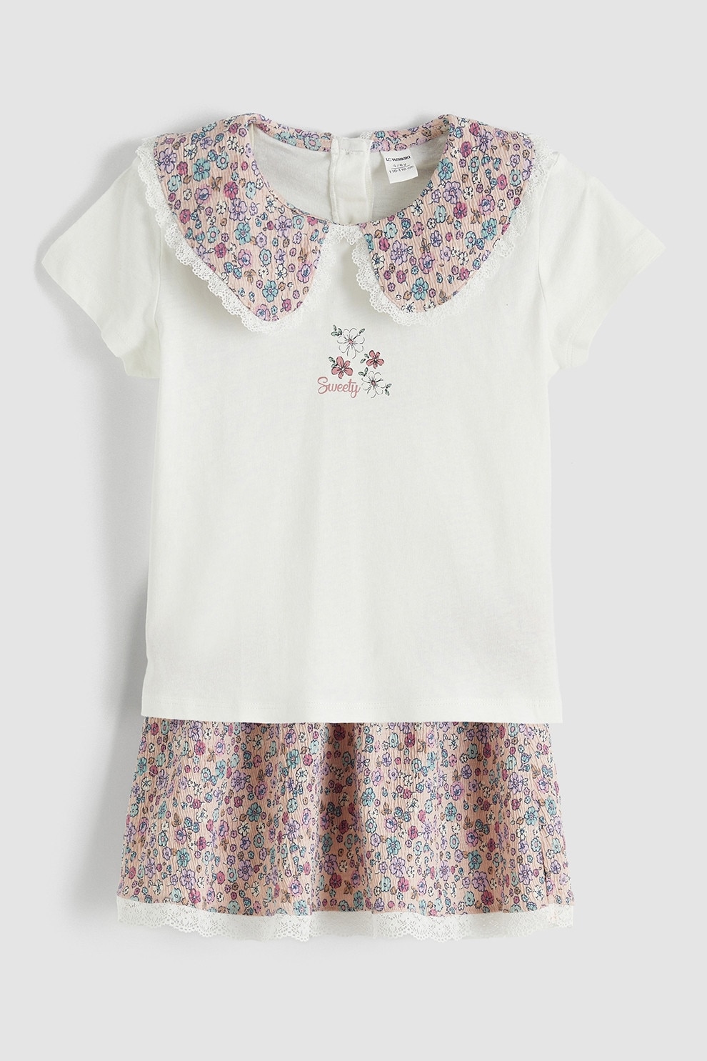 LC WAIKIKI, Set de tricou cu guler baby doll si fusta cu model floral, Alb, Roz, Albastru, 104-110 CM