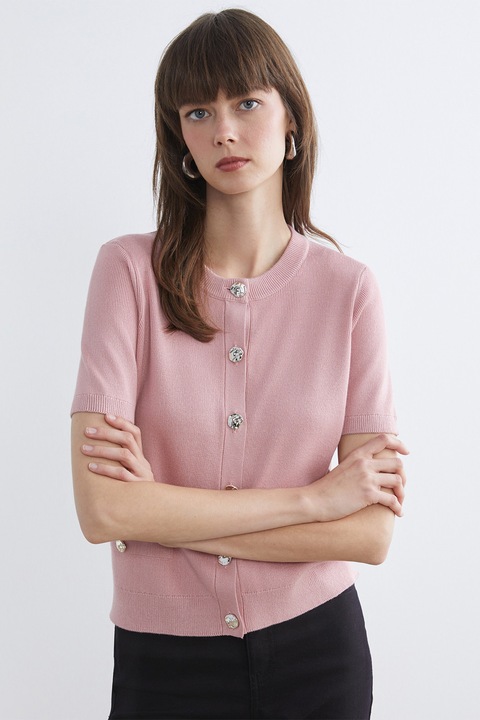 LC WAIKIKI, Cardigan cu decolteu la baza gatului si nasturi metalici, Roz pastel