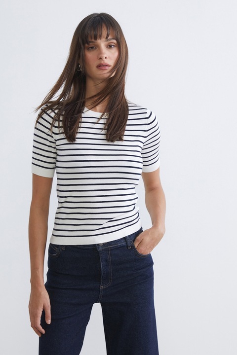 LC WAIKIKI, Pulover slim fit cu decolteu rotund, Alb/Bleumarin