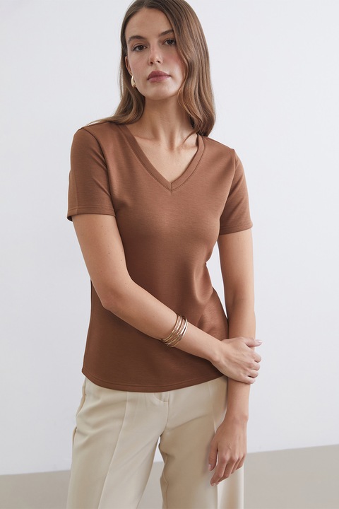 LC WAIKIKI, Tricou uni cu decolteu in V, Caramel
