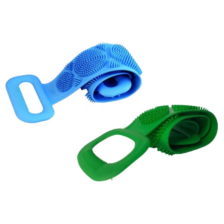 Комплект от 2 гъби за баня, за измиване на тяло и ексфолиране на кожата, Slim body, Двустранна оребрена лента за дълбоко почистване, Масажна четка, гръб, 60 см X 10 см, Премиум силикон, син, зелен