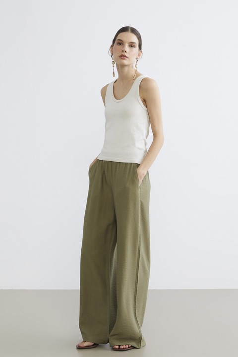 LC WAIKIKI, Pantaloni cu croiala ampla si talie elastica, Verde masliniu