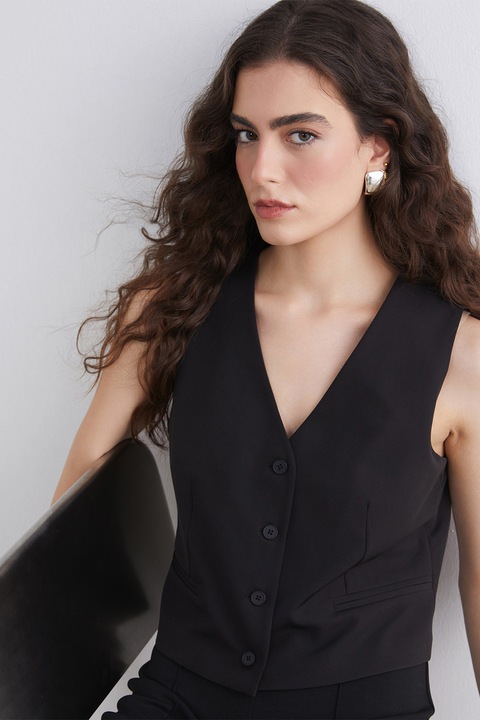 LC WAIKIKI, Vesta crop cu nasturi, Negru, XS