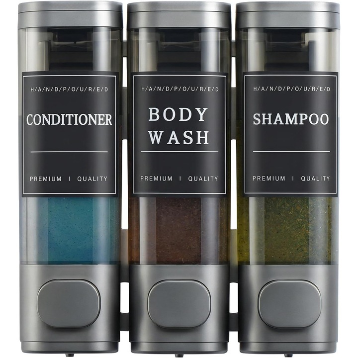 Leccik® Folyékony Szappan és Sampon Adagoló, 3 Rekeszes, Fúrás Nélküli Fali Rögzítés, 1050ml Kapacitás, Csepegésgátló Pumpák, Modern Design Fürdőszobába és Hotelbe, Gunmetal Szürke