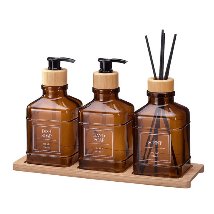 Set de baie cu difuzor din sticla si tava din bambus REN, portocalie - portocaliu