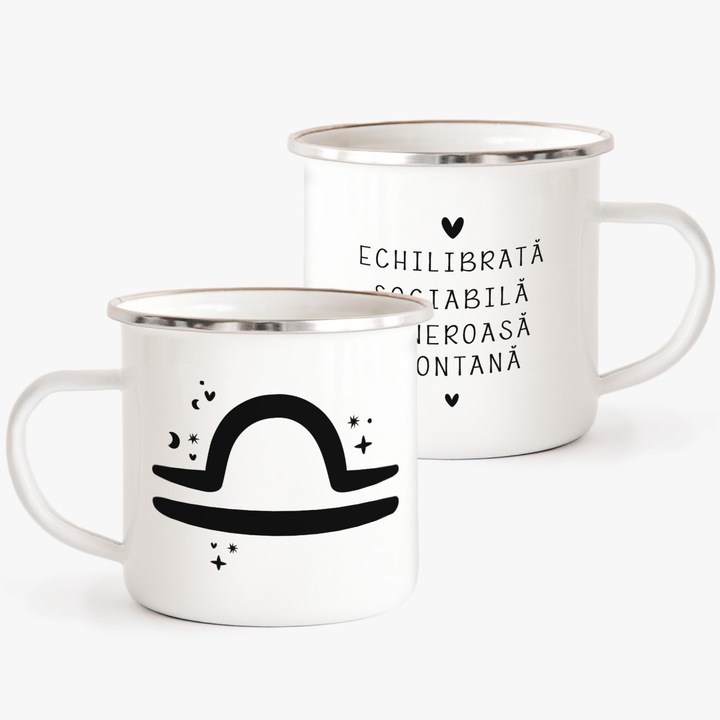 Cana metalica emailata alba cu zodia balanta 240ml