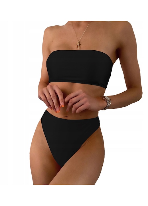 Комплект бански сутиен тип бандо, без презрамки, с неподплатени чашки, бикини с леко повдигната талия, черни, Бял
