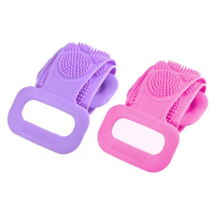 Комплект от 2 гъби за баня, за измиване на тялото и ексфолиране на кожата, Slim body, Двустранна оребрена лента за дълбоко почистване, Масажна четка, за миене на гръб, 60 см X 10 см, Премиум силикон, розов, лилав