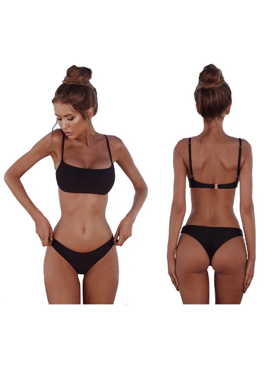 Kétrészes fürdőruha szett, állítható pántok, merevítő nélküli kosarak, kapcsos záródás, fekete, Fekete