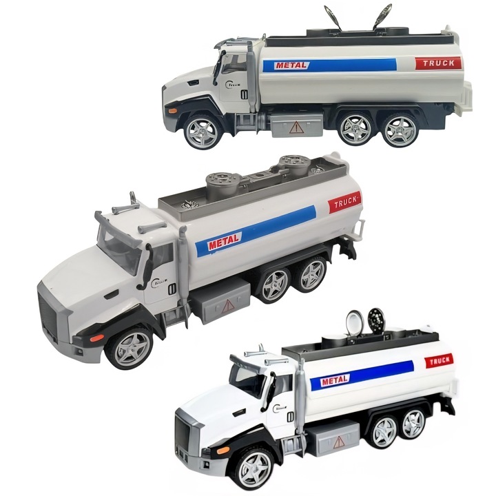 Camion tip cisterna 22 cm cabina metalica, jucarie pentru copii – Truck Tanker, model realistic cu rezervor, roti libere, design industrial, rezistent la joc de rol