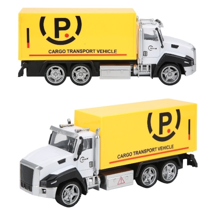 Camion de transport 22 cm lungime cabina metalica, jucarie pentru copii – model realistic cu roti libere, design industrial, rezistent la joc de rol