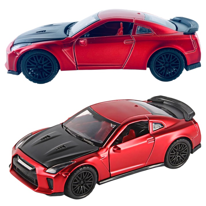 Jucarie Macheta model Nissan GT-R, Metal Die-Cast cu lumini si sunete, Culoare rosie, Scara 1:32, Usi Functionale, Functie Pull-Back, Muscle Car pentru colectionari si pasionati