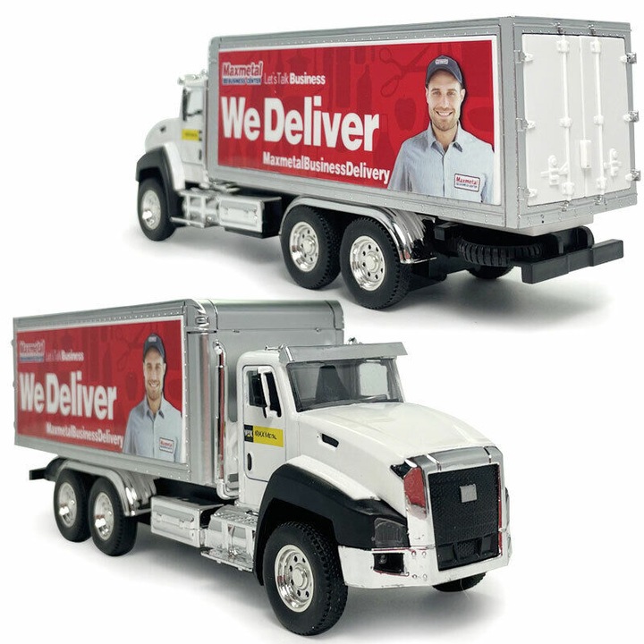 Jucarie Camion de transport marfa cargo truck, macheta masina cu usi functionale, lumini si sunete, model realistic detaliat, culoare alb-rosu – Scara 1:50, lungime 18, 5 cm