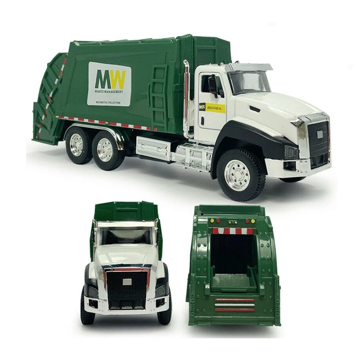 Jucarie Camion de gunoi metalic, macheta masina cu usi functionale, lumini si sunete, model realistic detaliat, culoare verde – Scara 1:50, lungime 18, 5 cm