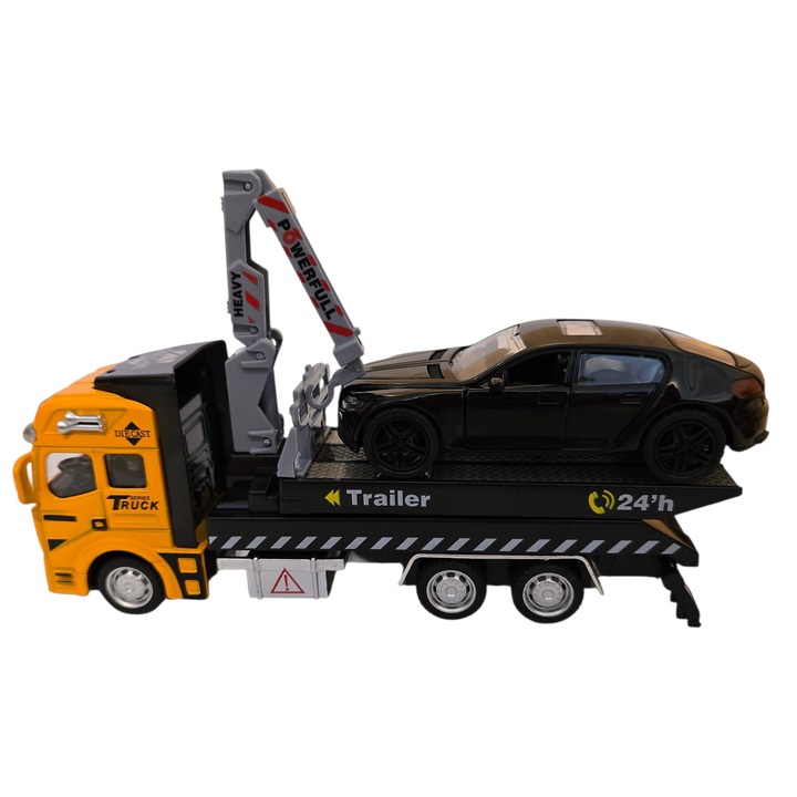 Jucarie Camion platforma cu macara extensibila, rampa mobila, masina model sport – usi deschise, metal si plastic, 20 cm lungime, culoare galben cu negru