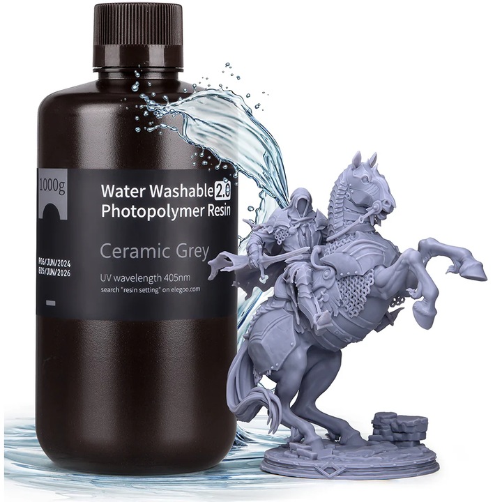 3D gyanta, Elegoo Water Washable 2.0, 1kg, Kerámiaszürke, 3D nyomtatóhoz