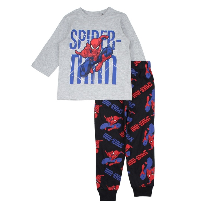 Pijama bumbac "Spiderman", maneca lunga, bluza gri, pantaloni negri