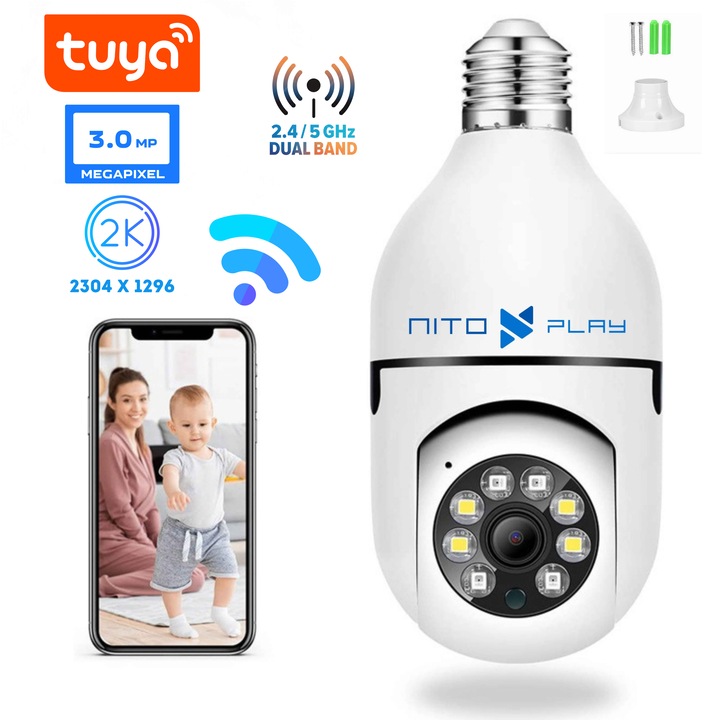 Camera de Supraveghere Nitoplay® Q3 PRO, Montare in Dulie E27, 3MP, 2K, Wifi 2,4 & 5 GHz, Vedere Nocturna, Detectare Miscare, LED, Audio Bidirectional, Rotire din Aplicatie, Compatibila iOS/Android, Alarma, Difuzor si Microfon, Tip Bec, APP TUYA