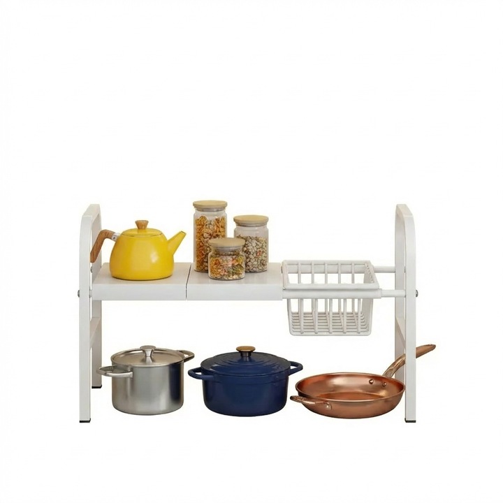 Разтегателен рафт за съхранение Averra, универсален органайзер с 1 кошница и 2 подвижни рафта, регулируем по ширина и височина, метална конструкция, за кухня, под мивка, баня, шкаф, бял