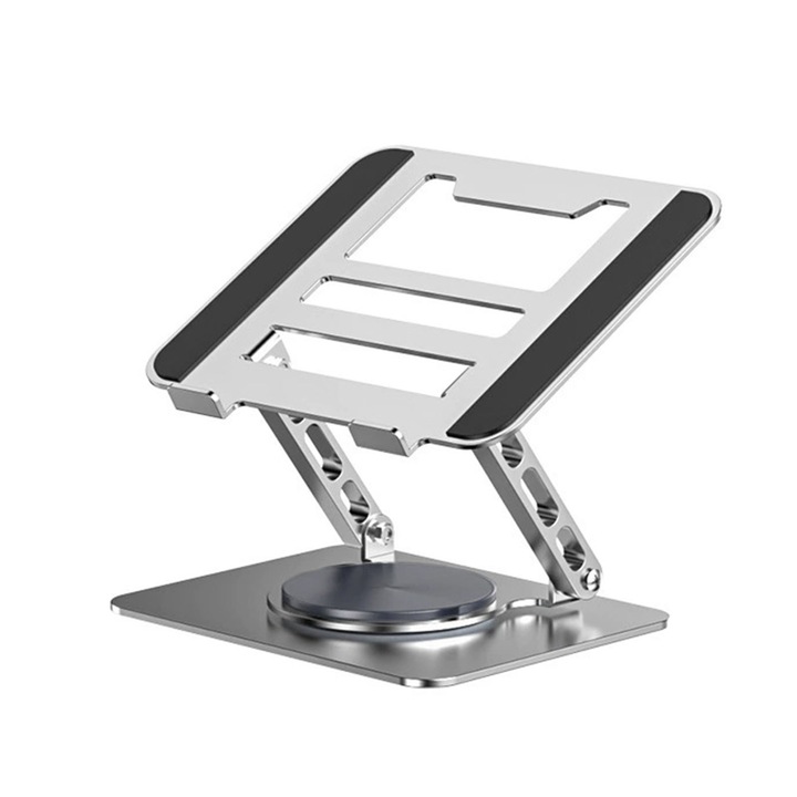 Suport pentru laptop cu baza rotativa la 360°, AFKSMILE, Suport reglabil pentru laptop, Cu silicon antiderapant, Compatibil cu laptopuri de 10-17.3 inch, Design ergonomic, Otel carbon, 24x21cm, Silver