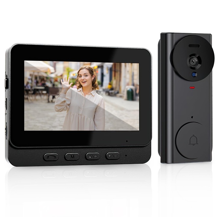 Sonerie video wireless, ecran IPS 4.3 inch, unghi de vizualizare 170°, vedere nocturna infrarosu, inregistrare automata, comunicare bidirectionala, conexiune Bluetooth, instalare usoara, Negru