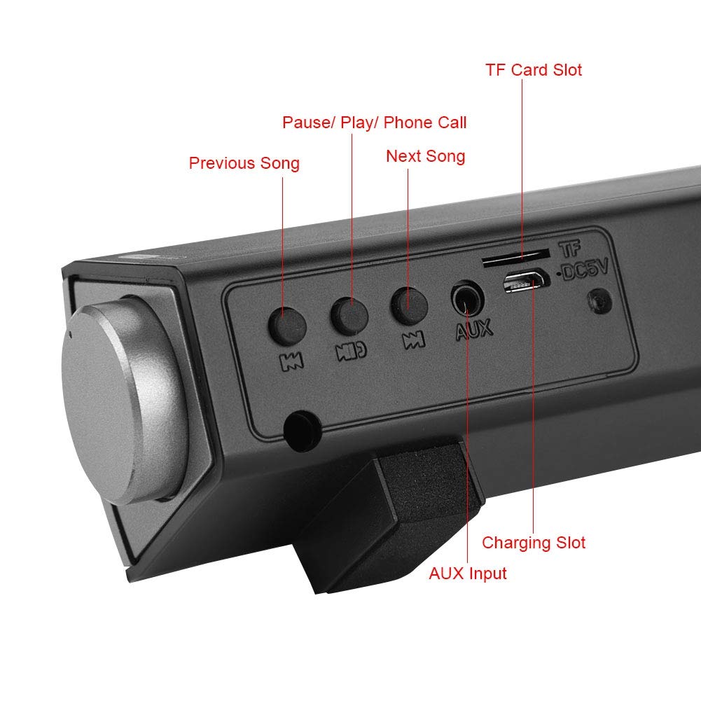 Bara de Sunet Bluetooth Portabila, 5.0, Stereo 360°, 5 difuzoare, 1800mAh, conexiune USB/AUX/TF, telecomanda inclusa, functie de vocala, sunet puternic, ideal pentru casa si birou, Negru