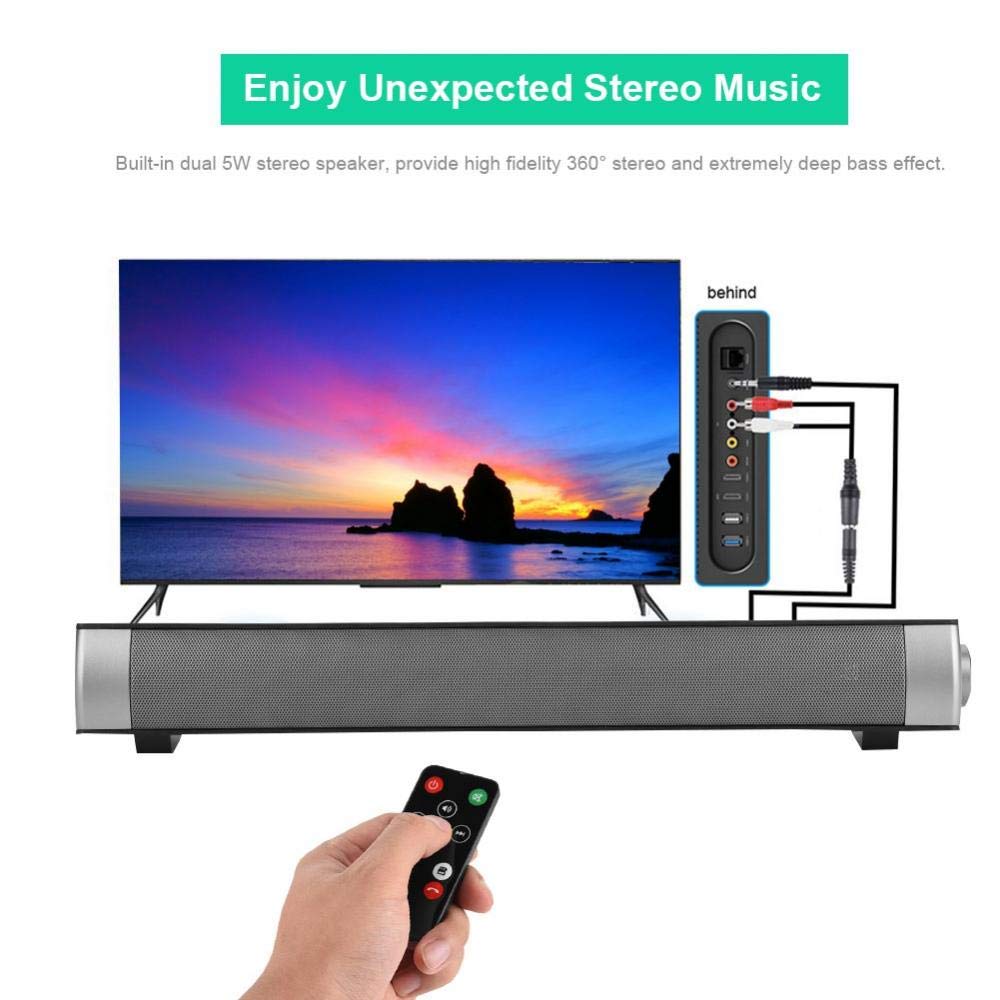 Bara de Sunet Bluetooth Portabila, 5.0, Stereo 360°, 5 difuzoare, 1800mAh, conexiune USB/AUX/TF, telecomanda inclusa, functie de vocala, sunet puternic, ideal pentru casa si birou, Negru