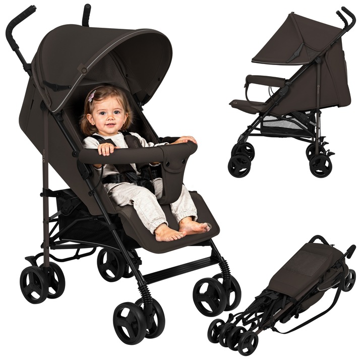 Carucior sport Lionelo Elia cu plasa de tantari, husa de ploaie, husa, centuri de siguranta in 5 puncte, suport pentru picioare si spatar reglabile, Respecta standardul european de siguranta EN1888-, roti cu amortizor de socuri, usor ciocolata