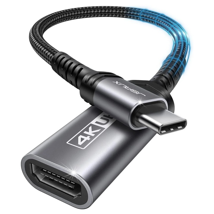 Cablu adaptor USB-C la HDMI 4K 2 m, carcasa din nailon si aluminiu, compatibil cu Thunderbolt 3, pentru MacBook Pro/Air, iPad Pro/Air, iMac, Galaxy S23/S9, gri