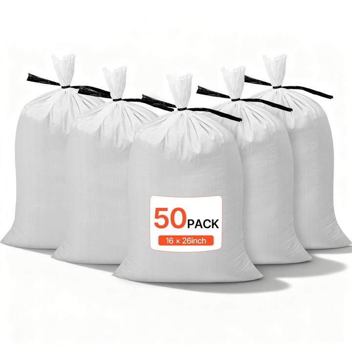 Saci de nisip goi, Set 50 bucati, 40 x 66 cm, Capacitate 22, 6 kg, Polipropilena tesuta, Cu snururi de legare, Rezistenti la rupere si UV, Pentru bariera anti-inundatii