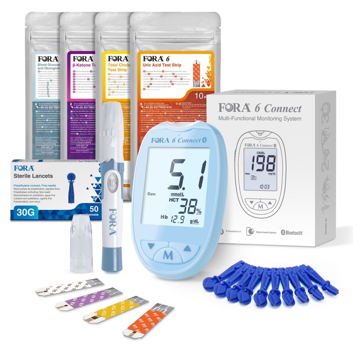 Pachet complet Fora6 Connect ALBASTRU: analizor, teste glicemie/hematocrit/hemoglobina, colesterol, beta-cetone, acid uric, lancete