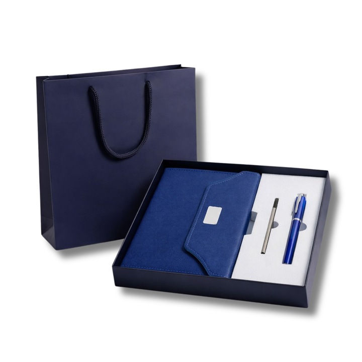 Set cadou premium albastru Office & Business – Agenda A5 cu inchidere metalica magnetica, Pix metalic gel 0.5 mm + rezerva inclusa, Cutie cadou eleganta – Ideal cadou corporate, birou, manageri