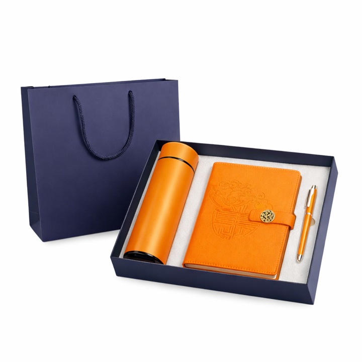 Set cadou business premium 3 piese – Termos 450 ml, Agenda A5, Pix metalic, Cutie cadou eleganta – Portocaliu