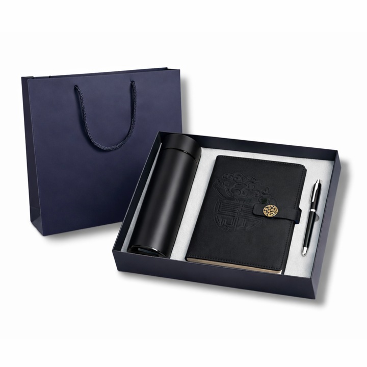 Set cadou business premium 3 piese – Termos 450 ml, Agenda A5, Pix metalic, Cutie cadou eleganta – Negru
