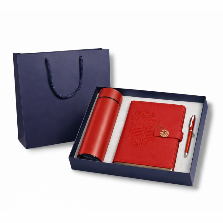 Set cadou business premium 3 piese – Termos 450 ml, Agenda A5, Pix metalic, Cutie cadou eleganta – Rosu