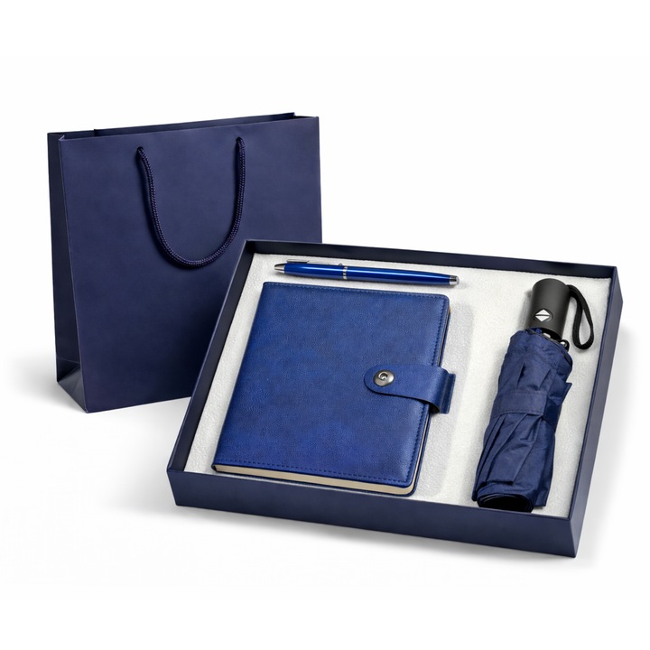 Set cadou premium albastru Business 3 piese – Umbrela automata 8K rezistenta la vant, Agenda A5 PU cu inchidere metalica magnetica, Pix metalic gel – Cutie rigida si punga cadou incluse