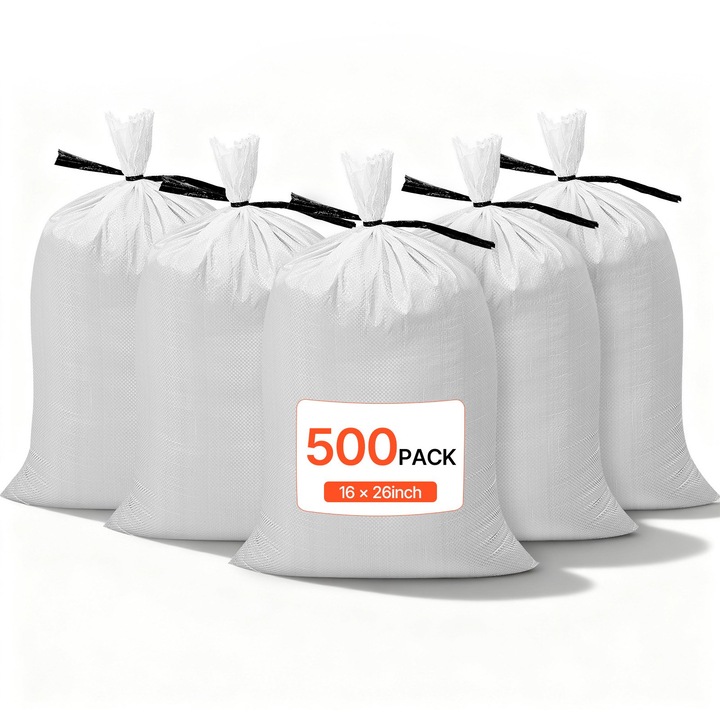 Saci de nisip goi, Set 500 bucati, Dimensiune 40 x 66 cm, Rafie tesuta, Cu legaturi incluse, Capacitate 22, 6 kg, Rezistenti la rupere si UV, Pentru bariera anti-inundatii