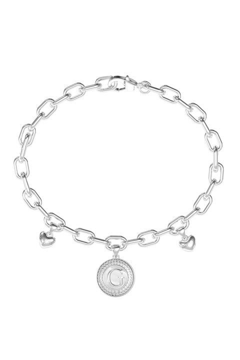 GUESS, Bratara de otel inoxidabil cu cristale si talismane multiple, Argintiu