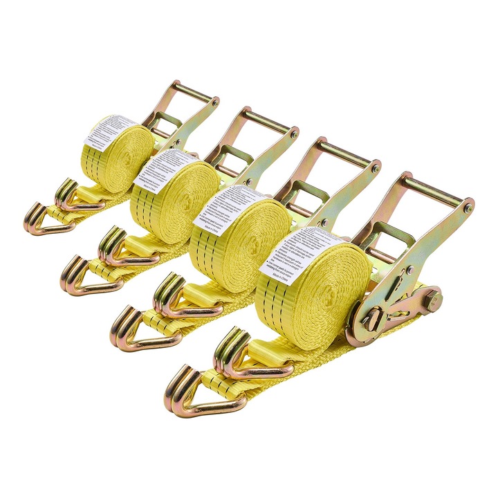 Chingi de ancorare si fixare, Cu clichet, Latime 38 mm, Lungime 3 m, Carlige duble tip J, Rezistenta la rupere 3000 kg, Set 4 buc, Husa de transport