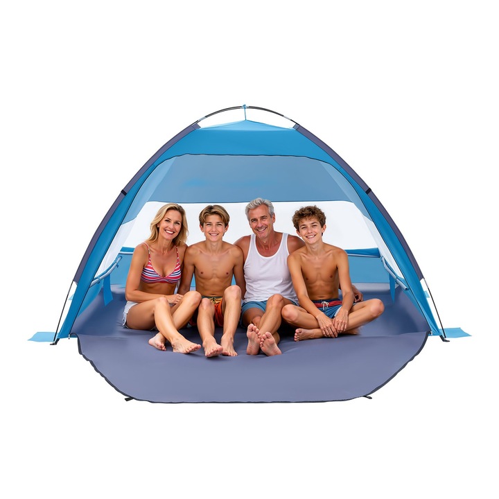 Cort de plaja, Copertina de soare 4 persoane, Protectie UPF 50+, Montaj rapid, Usor si portabil, Buzunare cu nisip, Husa de transport, Pentru camping, pescuit, picnic