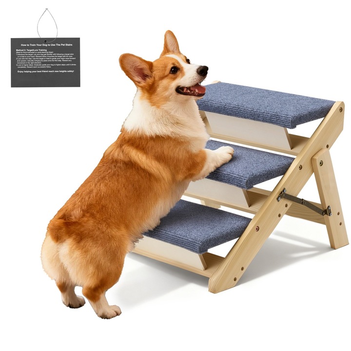Scara pentru caini si pisici, 3 trepte din lemn, Pliere plata, Capacitate 68 kg, Stabila si robusta, Pentru pat, canapea si masina, Potrivita pentru caini mici, medii si mari