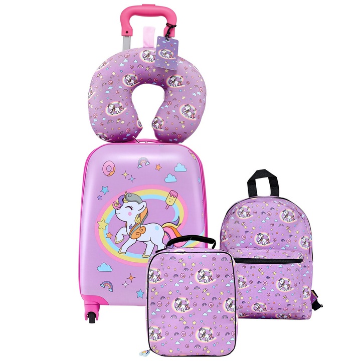 Set bagaje copii Unicorn, Set 5 piese, Troler tip valiza bagaj de mana 45, 7 cm cu carcasa rigida, Rucsac + perna cervicala in U, Aprobat bagaj de cabina, Cadou fete si baieti
