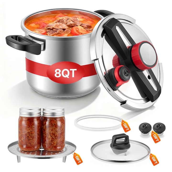 Тенджера под налягане, 7 L, Инокс, 3 настройки на налягането, До 100 kPa, Капак от закалено стъкло, Поставка за пара