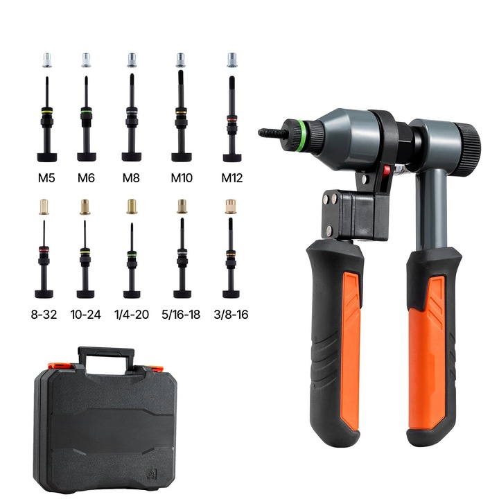 Menetes szegecselő fogó, Racsnis készlet 210 mm, 10 mandrina, 100 szegecsanya, metrikus + SAE: M5, M6, M8, M10, M12, 8-32, 10-24, 1/4-20, 5/16-18, 3/8-16, kemény tok