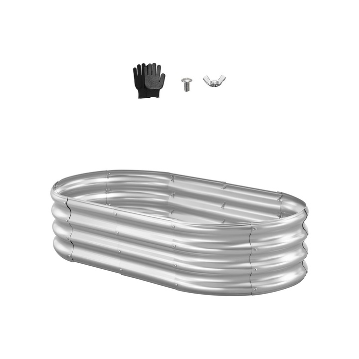 Pat de gradina inaltat, Strat de cultivare oval 120 x 60 x 30 cm, Otel galvanizat, Fund deschis, Capacitate mare, Pentru legume si flori, Gri zincat