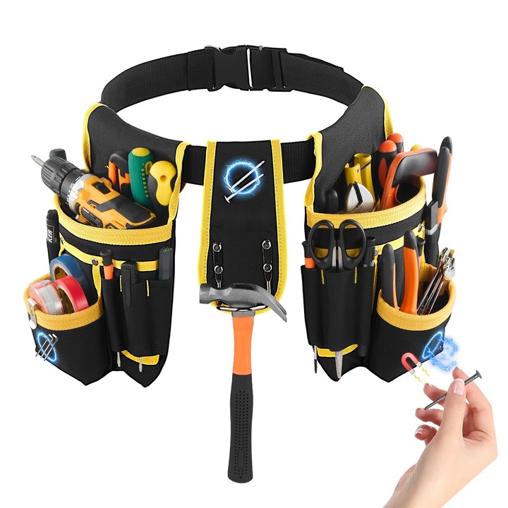 Centura pentru scule, brau port-scule magnetic, 28 de buzunare, Uz intens, Borsete detasabile, Talie reglabila 78, 7–121, 9 cm, Pentru electricieni, tamplari si constructii