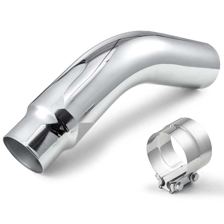 Kipufogóvég, Lehajló könyök, Bemenet 101,6 mm, Kimenet 127 mm, Teljes hossz 584 mm, Krómozott, Bilinccsel, Magas hőmérsékletnek ellenálló